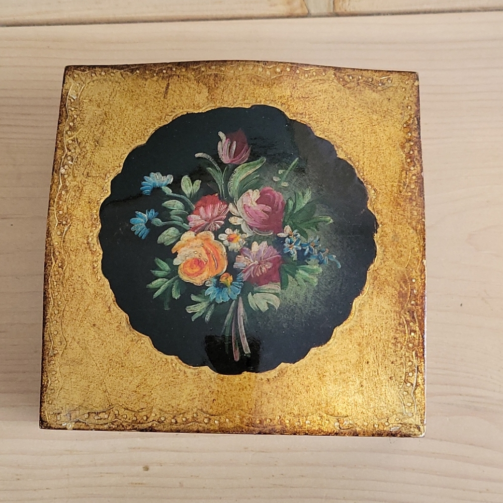 Italy Gold Wood Trinket Box Lacquer Florals